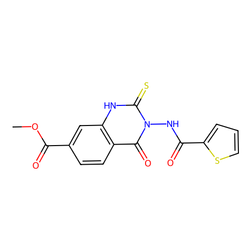 methyl 4-oxo-2-sulfanyl-3-[(thiophen-2-ylcarbonyl)amino]-3,4-dihydroquinazoline-7-carboxylate structure