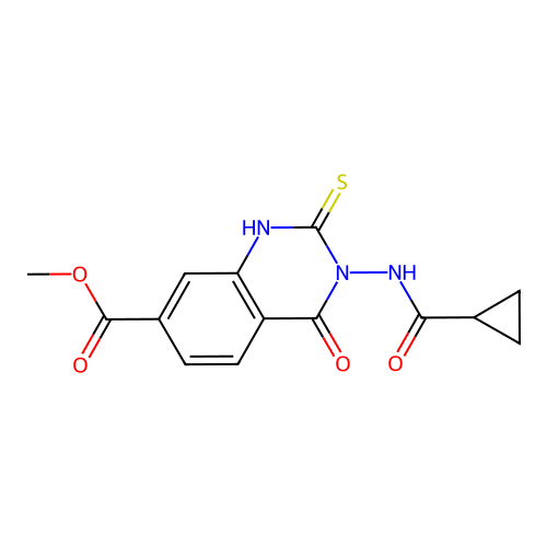 methyl 3-[(cyclopropylcarbonyl)amino]-4-oxo-2-thioxo-1,2,3,4-tetrahydroquinazoline-7-carboxylate structure