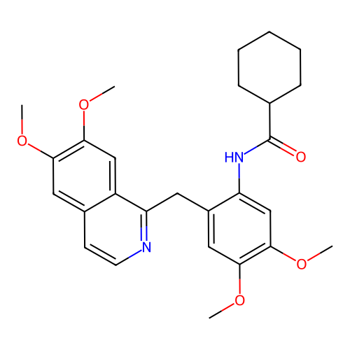 N-(2-((6,7-dimethoxyisoquinolin-1-yl)methyl)-4,5-dimethoxyphenyl)cyclohexanecarboxamide structure