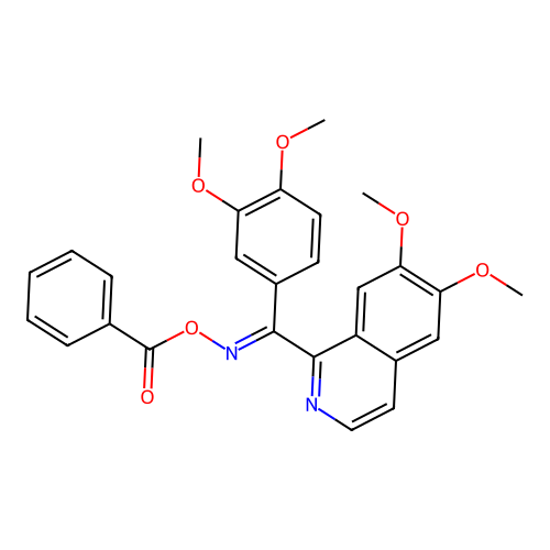 (E)-(6,7-dimethoxyisoquinolin-1-yl)(3,4-dimethoxyphenyl)methanone O-benzoyl oxime structure