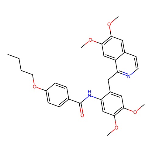 4-butoxy-N-(2-((6,7-dimethoxyisoquinolin-1-yl)methyl)-4,5-dimethoxyphenyl)benzamide structure