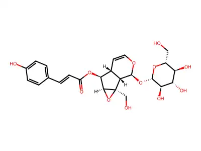 [(1S,2S,4S,5S,6R)-2-(hydroxymethyl)-10-[(3R,5S,6R)-3,4,5-trihydroxy-6-(hydroxymethyl)oxan-2-yl]oxy-3,9-dioxatricyclo[4.4.0.02,4]dec-7-en-5-yl] 3-(4-hydroxyphenyl)prop-2-enoate structure
