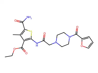 ethyl 5-carbamoyl-2-[[2-[4-(furan-2-carbonyl)piperazin-1-yl]acetyl]amino]-4-methylthiophene-3-carboxylate structure
