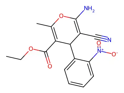 ethyl 6-amino-5-cyano-2-methyl-4-(2-nitrophenyl)-4H-pyran-3-carboxylate structure