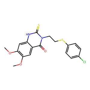 3-[2-(4-chlorophenyl)sulfanylethyl]-6,7-dimethoxy-2-sulfanylidene-1H-quinazolin-4-one structure