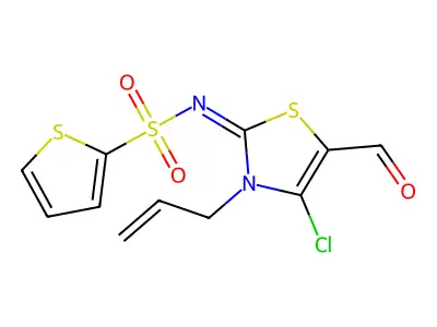 N-[4-chloro-5-formyl-3-(prop-2-en-1-yl)-2,3-dihydro-1,3-thiazol-2-ylidene]thiophene-2-sulfonamide structure