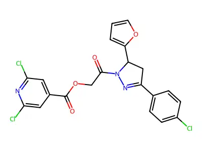 [2-[5-(4-chlorophenyl)-3-(furan-2-yl)-3,4-dihydropyrazol-2-yl]-2-oxoethyl] 2,6-dichloropyridine-4-carboxylate structure