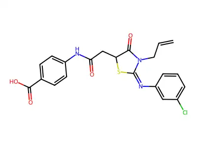 4-({[(2E)-2-[(3-chlorophenyl)imino]-4-oxo-3-(prop-2-en-1-yl)-1,3-thiazolidin-5-yl]acetyl}amino)benzoic acid structure