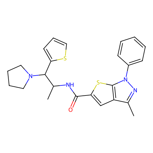 3-methyl-1-phenyl-N-(1-pyrrolidin-1-yl-1-thiophen-2-ylpropan-2-yl)thieno[2,3-c]pyrazole-5-carboxamide structure