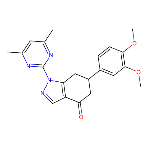 6-(3,4-dimethoxyphenyl)-1-(4,6-dimethylpyrimidin-2-yl)-1,5,6,7-tetrahydro-4H-indazol-4-one structure