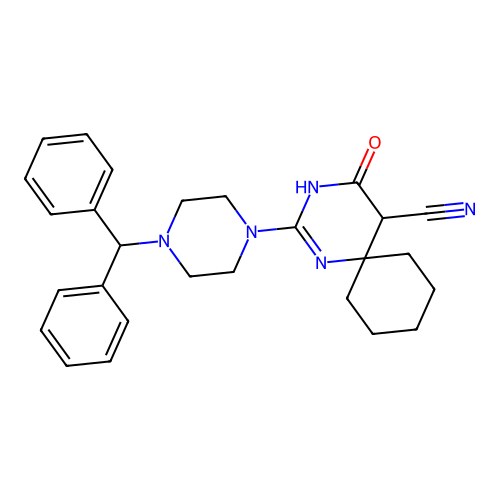 2-[4-(diphenylmethyl)piperazin-1-yl]-4-oxo-1,3-diazaspiro[5.5]undec-2-ene-5-carbonitrile structure