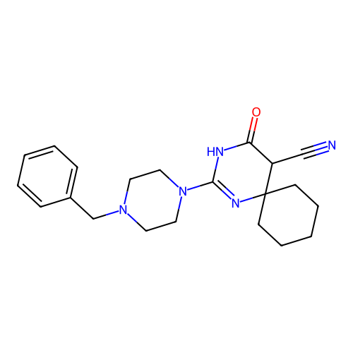 2-(4-Benzylpiperazin-1-yl)-4-oxo-1,3-diazaspiro[5.5]undec-2-ene-5-carbonitrile structure