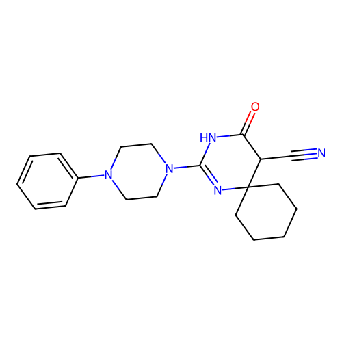 4-Oxo-2-(4-phenylpiperazin-1-yl)-1,3-diazaspiro[5.5]undec-2-ene-5-carbonitrile structure