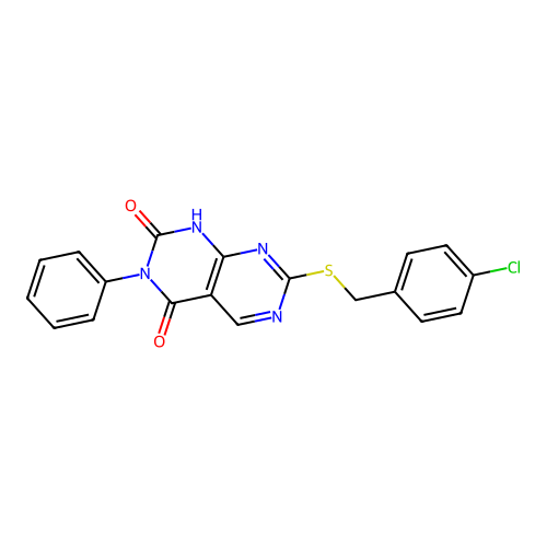 7-[(4-chlorobenzyl)sulfanyl]-3-phenylpyrimido[4,5-d]pyrimidine-2,4(1H,3H)-dione structure
