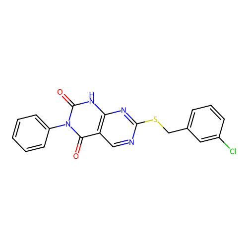 7-[(3-chlorobenzyl)sulfanyl]-3-phenylpyrimido[4,5-d]pyrimidine-2,4(1H,3H)-dione structure