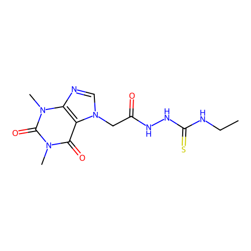 1-[[2-(1,3-dimethyl-2,6-dioxo-purin-7-yl)acetyl]amino]-3-ethyl-thiourea structure
