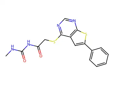 N-(methylcarbamoyl)-2-(6-phenylthieno[2,3-d]pyrimidin-4-yl)sulfanylacetamide structure