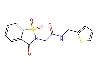 N-(thiophen-2-ylmethyl)-2-(1,1,3-trioxo-1,2-benzothiazol-2-yl)acetamide structure