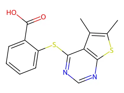 2-(5,6-Dimethylthieno[2,3-d]pyrimidin-4-yl)sulfanylbenzoic acid structure