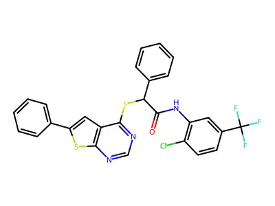 N-[2-chloro-5-(trifluoromethyl)phenyl]-2-phenyl-2-(6-phenylthieno[2,3-d]pyrimidin-4-yl)sulfanylacetamide structure