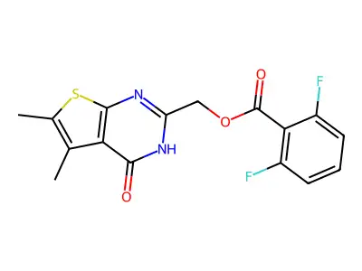 (5,6-dimethyl-4-oxo-3H-thieno[2,3-d]pyrimidin-2-yl)methyl 2,6-difluorobenzoate structure
