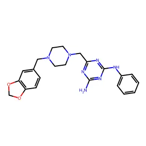 6-{[4-(1,3-benzodioxol-5-ylmethyl)piperazin-1-yl]methyl}-N-phenyl-1,3,5-triazine-2,4-diamine structure