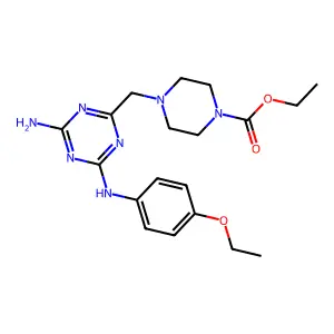 ethyl 4-({4-amino-6-[(4-ethoxyphenyl)amino]-1,3,5-triazin-2-yl}methyl)piperazine-1-carboxylate structure