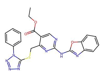 ethyl 2-(1,3-benzoxazol-2-ylamino)-4-{[(1-phenyl-1H-tetrazol-5-yl)sulfanyl]methyl}pyrimidine-5-carboxylate structure