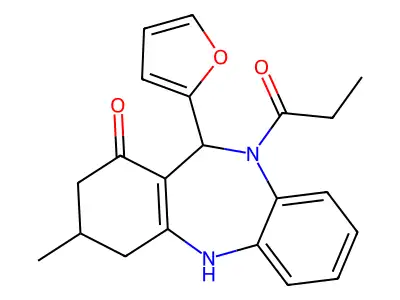 11-(furan-2-yl)-3-methyl-10-propanoyl-2,3,4,5,10,11-hexahydro-1H-dibenzo[b,e][1,4]diazepin-1-one structure