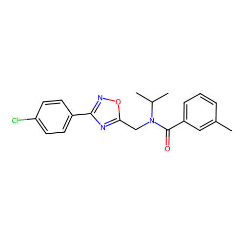 N-[[3-(4-chlorophenyl)-1,2,4-oxadiazol-5-yl]methyl]-3-methyl-N-propan-2-ylbenzamide structure