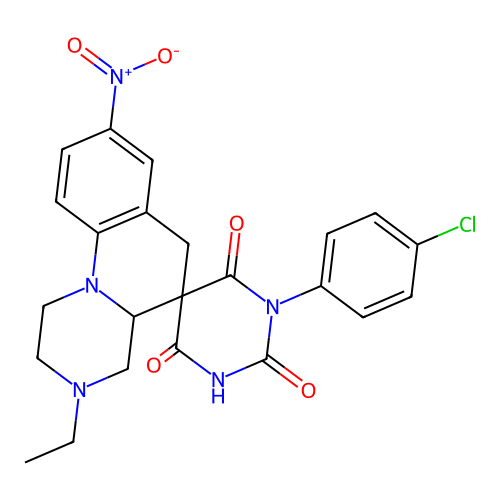 1'-(4-chlorophenyl)-3-ethyl-2'-hydroxy-8-nitro-2,3,4,4a-tetrahydro-1H,4'H,6H-spiro[pyrazino[1,2-a]quinoline-5,5'-pyrimidine]-4',6'(1'H)-dione structure