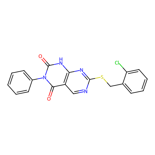 7-[(2-chlorobenzyl)sulfanyl]-3-phenylpyrimido[4,5-d]pyrimidine-2,4(1H,3H)-dione structure