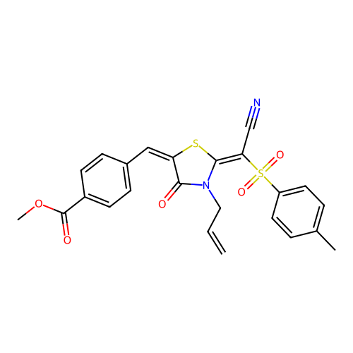methyl 4-((E)-((E)-3-allyl-2-(cyano(tosyl)methylene)-4-oxothiazolidin-5-ylidene)methyl)benzoate structure