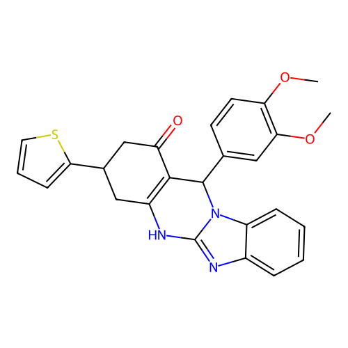 12-(3,4-dimethoxyphenyl)-3-(thiophen-2-yl)-2,3,4,12-tetrahydrobenzimidazo[2,1-b]quinazolin-1-ol structure