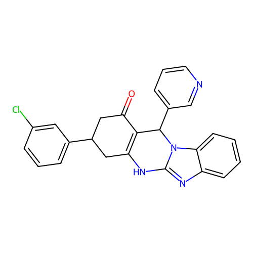3-(3-chlorophenyl)-12-(pyridin-3-yl)-2,3,4,12-tetrahydrobenzimidazo[2,1-b]quinazolin-1-ol structure