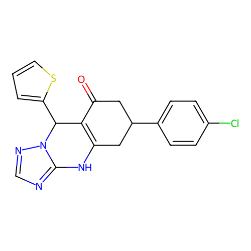 6-(4-chlorophenyl)-9-(2-thienyl)-5,6,7,9-tetrahydro[1,2,4]triazolo[5,1-b]quinazolin-8(4H)-one structure