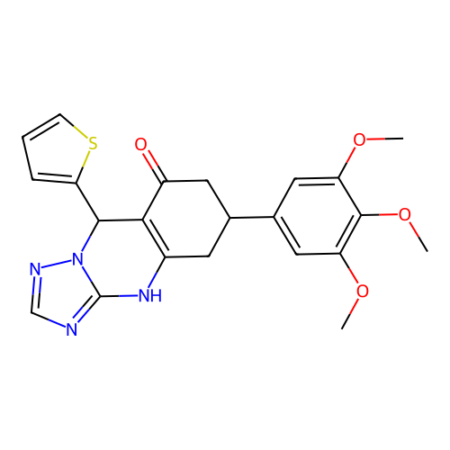 9-(thiophen-2-yl)-6-(3,4,5-trimethoxyphenyl)-5,6,7,9-tetrahydro[1,2,4]triazolo[5,1-b]quinazolin-8(4H)-one structure