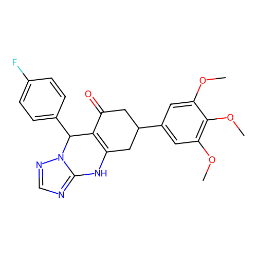 9-(4-fluorophenyl)-6-(3,4,5-trimethoxyphenyl)-5,6,7,9-tetrahydro-[1,2,4]triazolo[5,1-b]quinazolin-8(4H)-one structure
