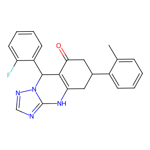 9-(2-fluorophenyl)-6-(2-methylphenyl)-5,6,7,9-tetrahydro-1H-[1,2,4]triazolo[5,1-b]quinazolin-8-one structure