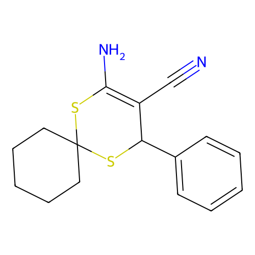 2-Amino-4-phenyl-1,5-dithiaspiro[5.5]undec-2-ene-3-carbonitrile structure