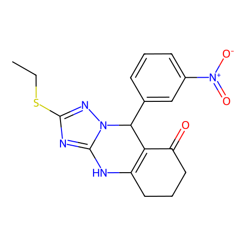 2-(ethylsulfanyl)-9-(3-nitrophenyl)-5,6,7,9-tetrahydro[1,2,4]triazolo[5,1-b]quinazolin-8(4H)-one structure