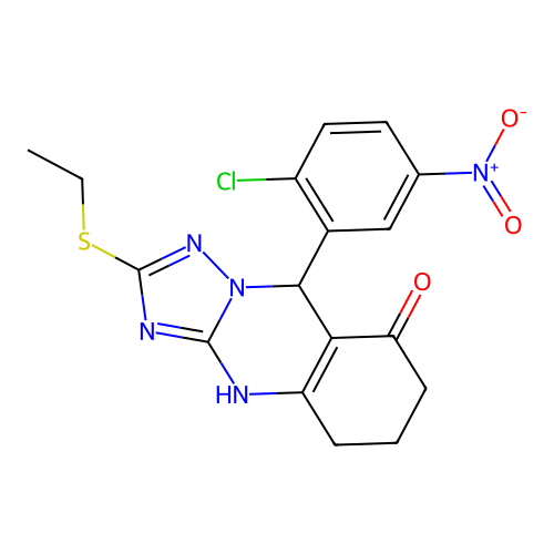 9-(2-chloro-5-nitrophenyl)-2-(ethylsulfanyl)-5,6,7,9-tetrahydro[1,2,4]triazolo[5,1-b]quinazolin-8(4H)-one structure