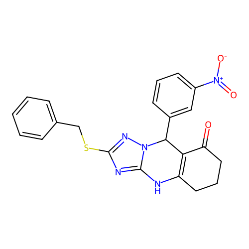 2-(benzylsulfanyl)-9-(3-nitrophenyl)-5,6,7,9-tetrahydro[1,2,4]triazolo[5,1-b]quinazolin-8(4H)-one structure