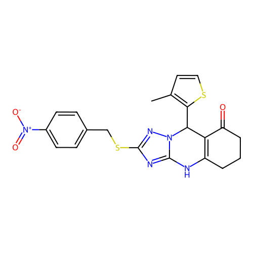 9-(3-methylthiophen-2-yl)-2-[(4-nitrobenzyl)sulfanyl]-5,6,7,9-tetrahydro[1,2,4]triazolo[5,1-b]quinazolin-8(4H)-one structure