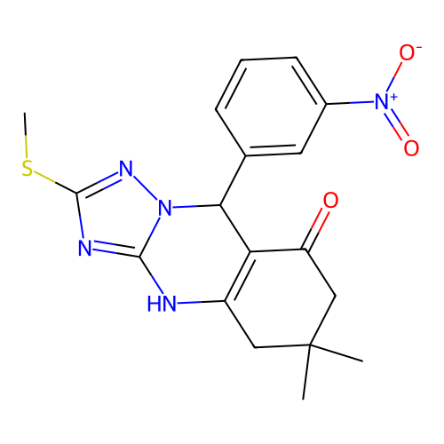 6,6-dimethyl-2-(methylsulfanyl)-9-(3-nitrophenyl)-5,6,7,9-tetrahydro[1,2,4]triazolo[5,1-b]quinazolin-8(4H)-one structure