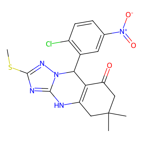 9-(2-chloro-5-nitrophenyl)-6,6-dimethyl-2-(methylsulfanyl)-5,6,7,9-tetrahydro[1,2,4]triazolo[5,1-b]quinazolin-8(4H)-one structure