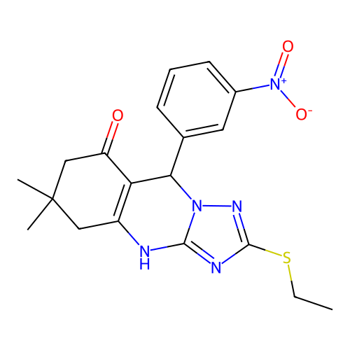 2-(ethylsulfanyl)-6,6-dimethyl-9-(3-nitrophenyl)-5,6,7,9-tetrahydro[1,2,4]triazolo[5,1-b]quinazolin-8(4H)-one structure