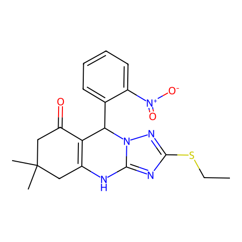 2-(ethylsulfanyl)-6,6-dimethyl-9-(2-nitrophenyl)-5,6,7,9-tetrahydro[1,2,4]triazolo[5,1-b]quinazolin-8(4H)-one structure