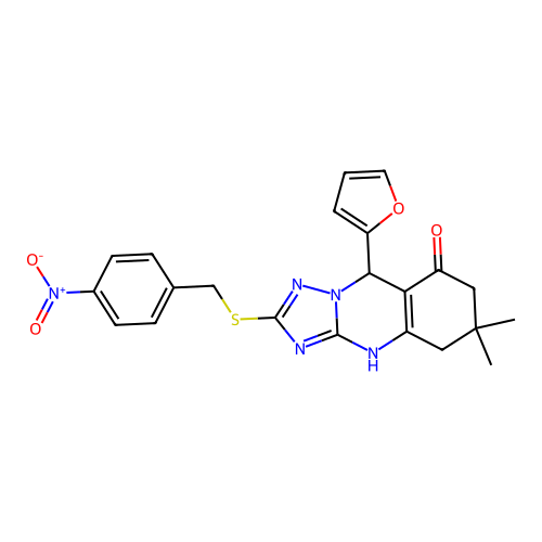 9-(furan-2-yl)-6,6-dimethyl-2-[(4-nitrophenyl)methylsulfanyl]-1,5,7,9-tetrahydro-[1,2,4]triazolo[5,1-b]quinazolin-8-one structure
