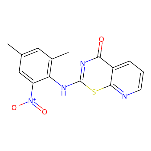 2-((2,4-dimethyl-6-nitrophenyl)amino)-4H-pyrido[3,2-e][1,3]thiazin-4-one structure